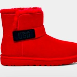 UGG Womens Mini Bailey Graphic Logo Strap Suede Sheepskin Boots Samba Red Size 7